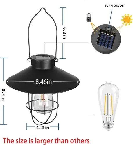 Vista 2 de pearlstar Lámpara Solar Colgante para Exterior, Lámpara de Metal con Bombilla Edison Blanca Cálida, Diseño para Jardín, Patio, Porche, Decoración