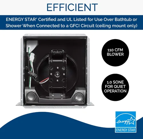 Vista 4 de Broan-NuTone Ventilador de ventilación con altavoz Bluetooth SPK110, certificado ENERGY STAR, 110 CFM, 1.0 Sones, blanco