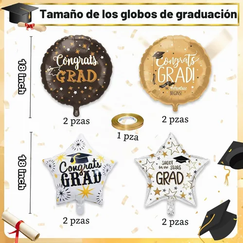 Vista 2 de Juego de decoraciones de globos de aluminio de graduación 2026, 8 globos redondos y de estrella de Congrats 2026 negros y dorados, globos de clase