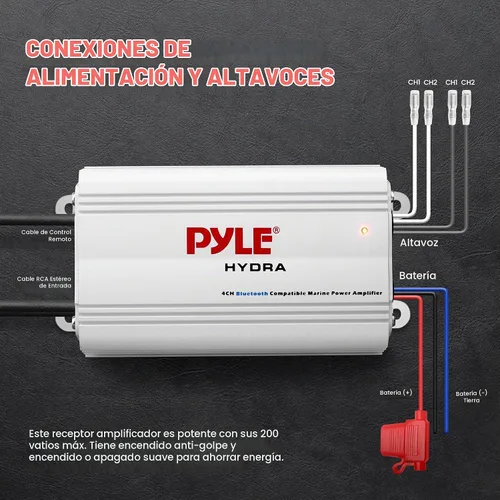 Vista 4 de Pyle Amplificador marino automático de 4 canales, 200 vatios RMS 4 OHM estéreo de rango completo con Bluetooth inalámbrico y potente altavoz Prime