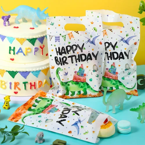 Vista 4 de Colarr 50 bolsas de plástico para recuerdos de fiesta de dinosaurios, bolsas de regalo de dinosaurio, bolsas de cumpleaños de dinosaurios con asa