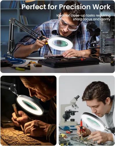 Vista 5 de UBeesize Lupa 10X con luz y soporte, lupa iluminada para trabajo cercano, lectura, manualidades, joyería, costura, soldadura, lámpara de escritorio