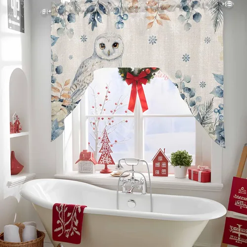 Vista 5 de Cortinas de cocina con cenefa de eucalipto de Navidad, con bolsillo para barra, cortinas para dormitorio, sala de estar, baño, cafetería, ventanas