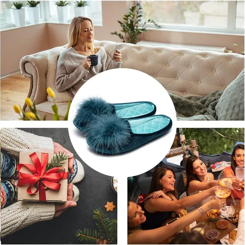 Vista 6 de GRITHEIM Pantuflas de terciopelo con pompones peludas para mujer, pantuflas de casa sexys y acogedoras para mujer, suela antideslizante