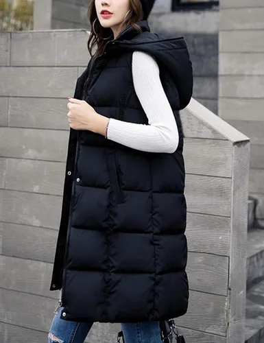 Vista 3 de Fiona Jolin Chaleco largo acolchado para mujer, negro, de invierno, de algodón, acolchado, sin mangas, chaquetas hinchadas