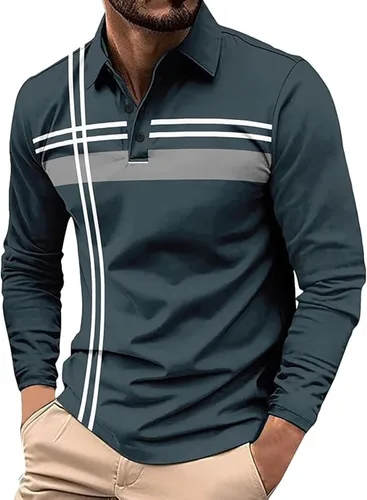 Vista 21 de Polo para hombre, manga larga, ajustado, a rayas, con cuello, talla grande, para golf y otoño