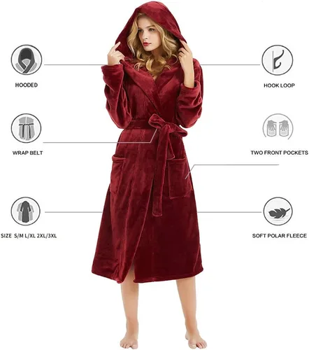 Vista 25 de HEARTNICE Bata de forro polar con capucha para mujer, bata de baño suave para mujer, bonito abrigo largo para casa
