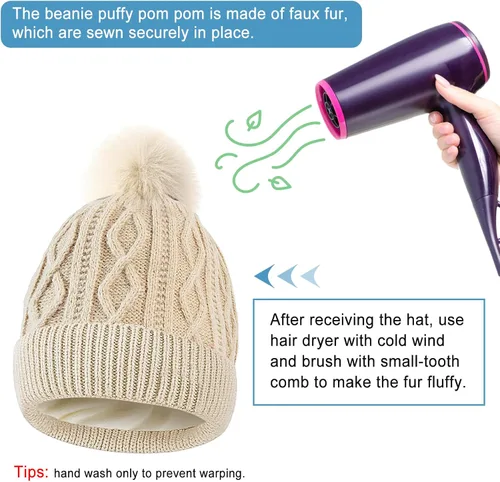 Vista 4 de LBTING Gorro de invierno para mujer, cálido forro polar de punto suave con pompón para clima frío