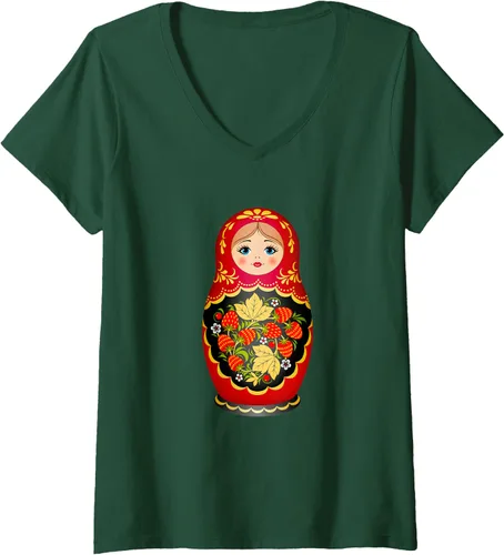 Vista 10 de Hermosa camiseta de Matryoshka Russian Strawberry Nesting Doll con cuello en V para mujer, Negro, S