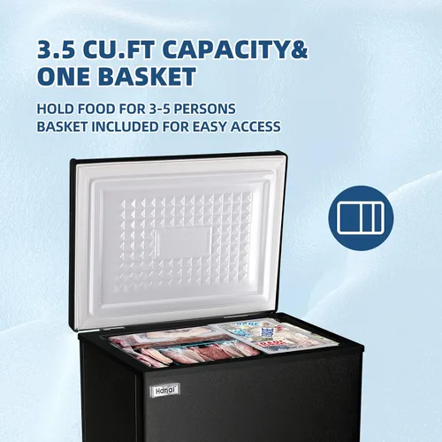 Vista 4 de WANAI Congelador de Arcón 3.5 Pies Cúbicos Pequeño Profundo Puerta Superior Mini con Canasta Removible, Bajo Ruido, 7 Temperaturas Ajustables