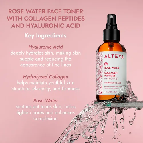 Vista 5 de Alteya Organics Tónico facial de agua de rosas, con péptidos de colágeno y ácido hialurónico, niebla facial hidratante para piel antienvejecimiento