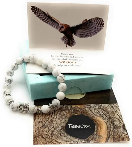 Vista 3 de Smiling Wisdom - Tarjeta de agradecimiento para profesor y pulsera de piedra elástica de búho - Mujer
