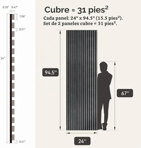Vista 2 de Upick Paneles de pared de listones de madera acústica de MDF, 94.5 x 24 pulgadas, negro mate, paquete de 2
