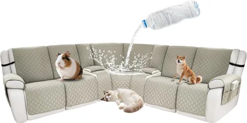 Vista 124 de Fundas impermeables para sofá reclinable seccional en forma de L, 7 piezas, antideslizantes, lavables, juego de fundas reclinables para mascotas