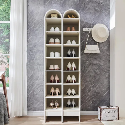 Vista 5 de IFGET Armario de almacenamiento de zapatos arqueado de 67 pulgadas de alto, 8 niveles y 8 pares de zapateros de madera con 3 estantes ajustables