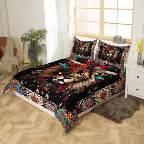 Vista 2 de Funda de edredón de león, juego de ropa de cama con estampado de mandala para niños, funda de edredón bohemia para niños y niñas, decoración