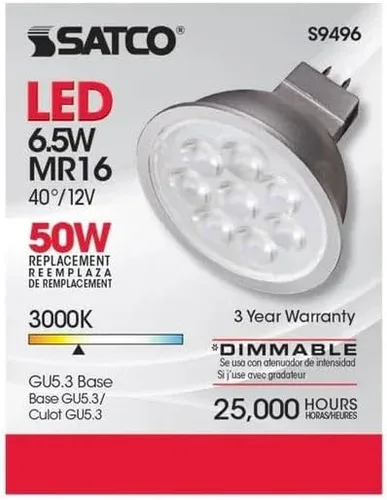 Vista 2 de Satco Lighting - Bombillas LED MR16 de bajo voltaje regulables de 6.5 W, blanco suave de 3000 K, ángulo de haz de 40 grados, base GU5.3, 12 voltios