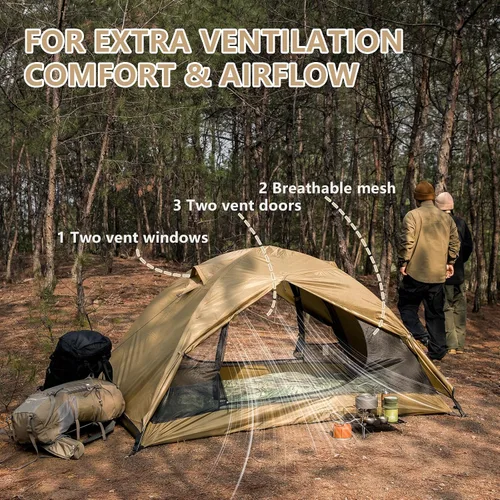 Vista 6 de BISINNA Tienda de campaña para 2 personas, ligera, impermeable, 3 estaciones, con poste de aluminio para montañismo al aire libre, senderismo, viajes