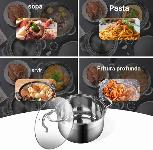 Vista 8 de Olla de 10 cuartos de galón con tapa de vidrio, olla de sopa de acero inoxidable de grado alimenticio premium, olla grande para cocinar guisos