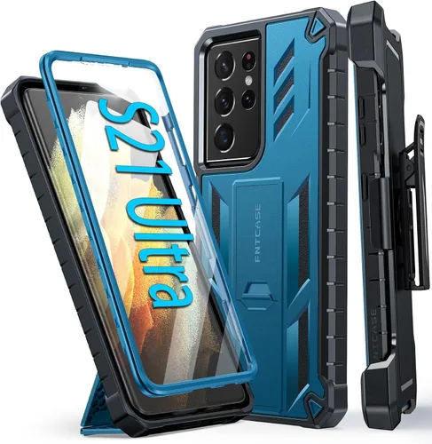 Vista 9 de FNTCASE Funda para Samsung Galaxy S21-Ultra: Funda protectora militar a prueba de golpes con funda de clip para cinturón y soporte, a prueba de Negro