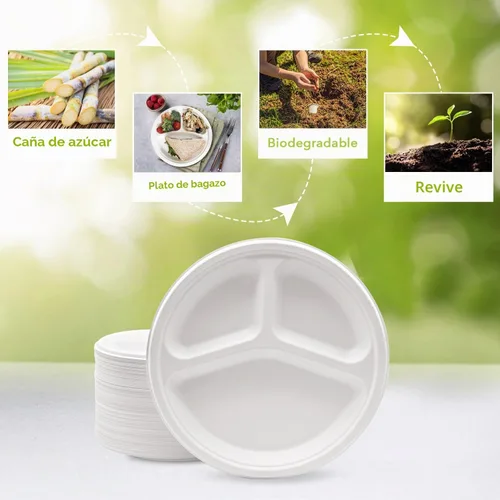 Vista 4 de three leaf platos redondos de bagazo de 10 pulgadas con 3 compartimentos, 25 unidades. Platos de bagazo desechables, 100 % biodegradables