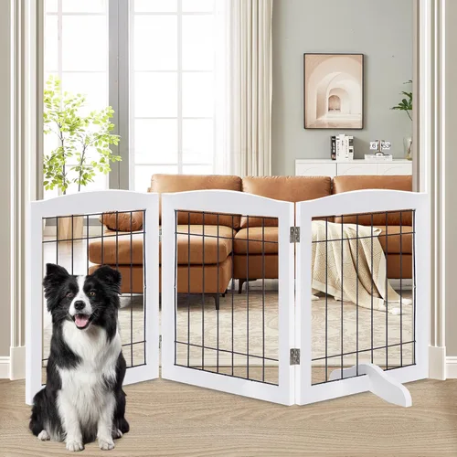 Vista 20 de LZRS Puerta plegable independiente de madera para perros de 2 paneles, madera maciza y alambre de acero, barrera para mascotas resistente a