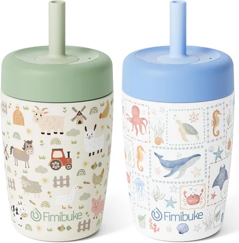 Vista 24 de Fimibuke Vasos para niños y niños pequeños a prueba de derrames, 12 onzas, vasos entrenadores con aislamiento para niños y niñas, vaso con popote