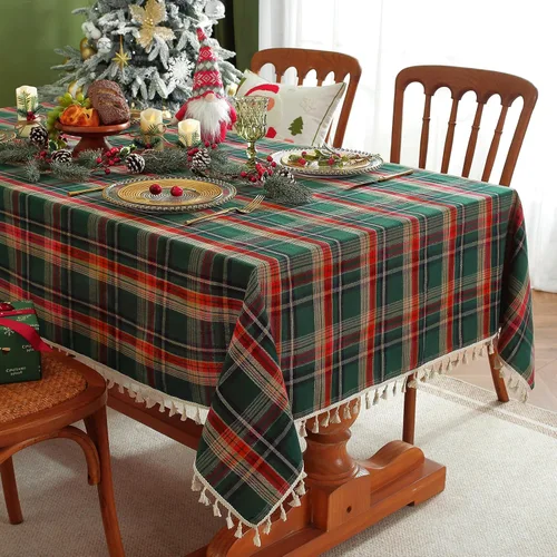 Vista 9 de Laolitou Mantel redondo a cuadros verde, de lino y algodón, con borla, a cuadros de búfalo, lavable, mantel de gingham para sala de estar