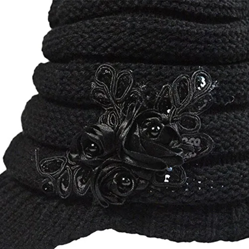 Vista 96 de C-US - Gorro de punto cálido para mujer, con visera de ganchillo con acento de flores