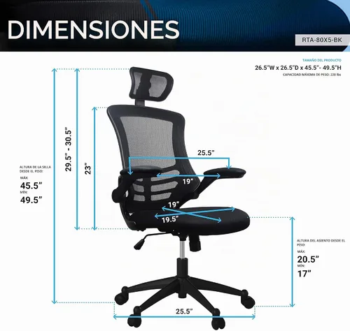 Vista 3 de Techni Mobili Silla de oficina de malla de respaldo alto con reposacabezas Negro