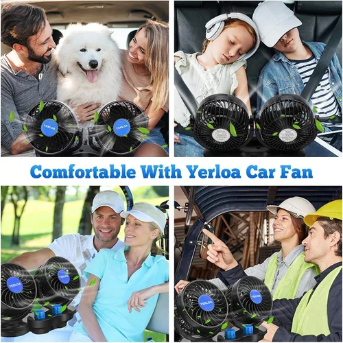 Vista 7 de Yerloa Ventilador de coche eléctrico de 12 V, ventilador portátil para automóvil, doble cabeza, rotación de 360 grados, ventilador de aire