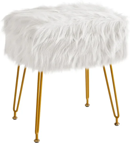 Vista 4 de IBUYKE Taburete rectangular de piel sintética con almacenamiento, color blanco WBD022W Furry Makeup Chair Ottoman Soft Padded Seat Round Footrest