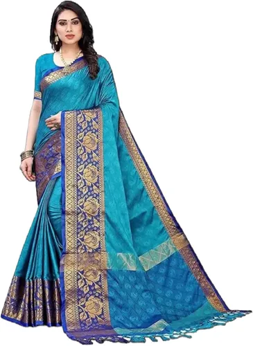 Vista 2 de Banarasi - Sari tejido de seda de nailon para mujer, estilo moderno, con blusa sin costuras Beige
