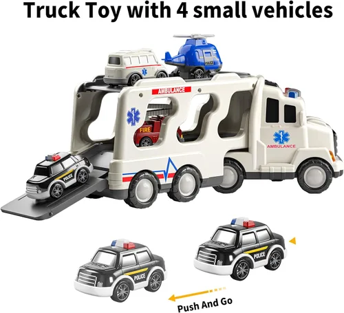 Vista 7 de TEMI Paquete de 5 Vehículos de Ambulancia Camiones de Juguete para Niños Pequeños de 3 4 5 6 Años, Autos Impulsados por Fricción con Helicóptero