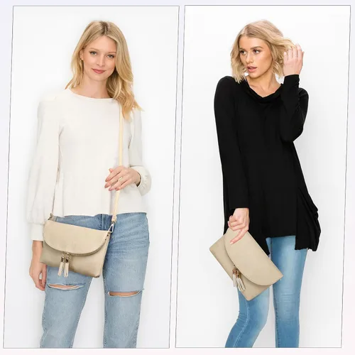 Vista 7 de Solene Bolso de mano para mujer, con múltiples compartimentos, 6 ranuras para tarjetas en el interior, bolsa cruzada con borlas