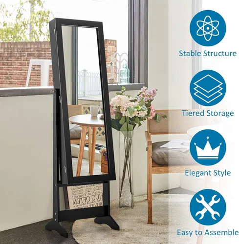 Vista 4 de GOFLAME Gabinete de joyería, organizador de joyas con puerta de espejo de longitud completa, gabinete de espejo de maquillaje de pie, organizador