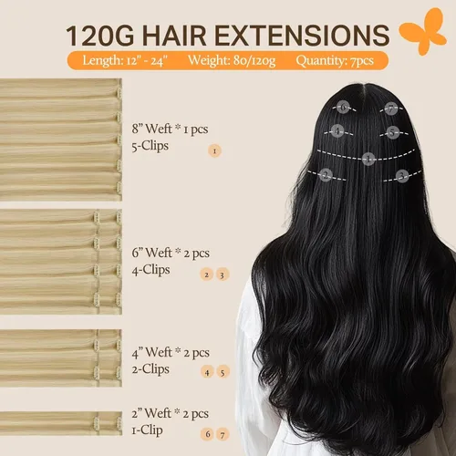 Vista 2 de DOORES - Extensiones de cabello humano real, rubio oscuro con reflejos rubio dorado, 24 pulgadas, 120 g, 7 unidades, extensiones Remy con clip