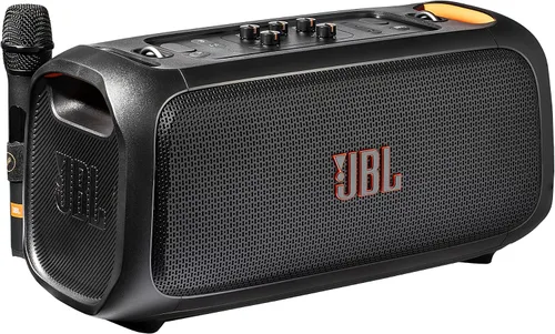 Vista 5 de Altavoz Bluetooth JBL Party On-The-Go con micrófono 100W de sonido profesional, espectáculo de luces dinámicas, IPX4 a prueba de salpicaduras