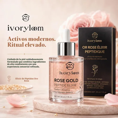 Vista 7 de ivoryloom - Suero facial de elixir peptídico de oro rosa, oro de 24 quilates, extracto de rosa, péptidos, ácido hialurónico, vitamina C