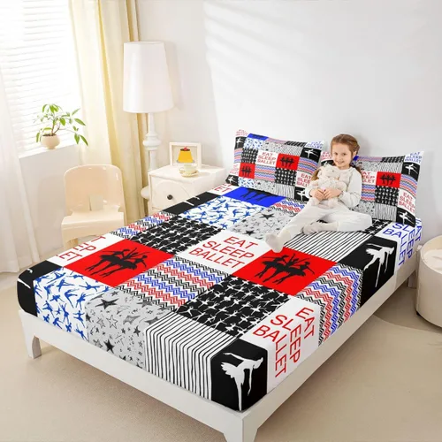 Vista 27 de Sábana bajera ajustable de ballet para niñas, juego de ropa de cama de ballet para danza de ballet, sábanas de cama con rayas geométricas onduladas