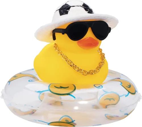 Vista 28 de wonuu Pato de goma para automóvil, decoración de pato amarillo con sombrero para el sol, anillo de natación, collar, gafas de sol para decoración