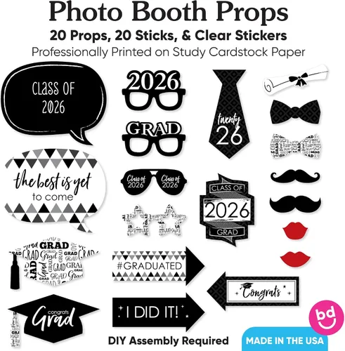 Vista 4 de Big Dot of Happiness Accesorios de graduación en blanco y negro para sesión de fotos 2026, juego de 20 unidades de accesorios de cabina de fotos