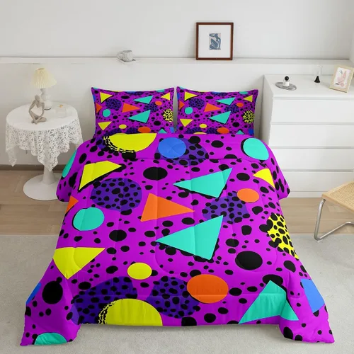 Vista 28 de Juego de edredón de estilo retro de los años 80, juego de ropa de cama de patrón geométrico abstracto, diseño urbano moderno con círculos
