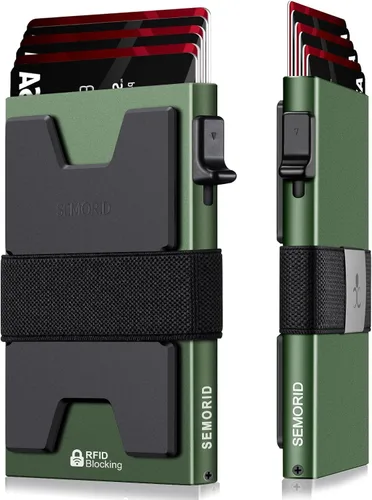 Vista 97 de Cartera delgada de aluminio para hombre, placa trasera expandible duradera, bloqueo RFID, billetera desplegable de metal minimalista, con capacidad
