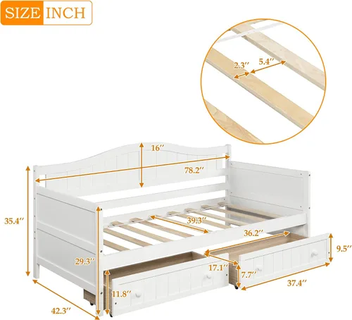 Vista 2 de Merax Elegante sofá cama con dos cajones de almacenamiento, sofá cama con soporte de listones de madera para familia, niños, adolescentes,