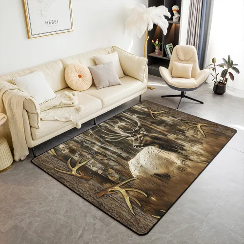 Vista 14 de Erosebridal Alfombra rústica de ciervo para niños y niñas, alfombra vintage con cuernos de alce de 3 x 5, alfombra de paisaje de árboles en acuarela