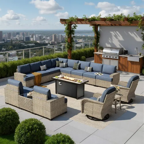 Vista 48 de HOOOWOOO Juego de muebles seccionales de patio con mesa de luz solar, 6 piezas de mimbre para exteriores, sofá en forma de L, juego de conversación