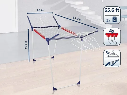 Vista 5 de Leifheit Pegasus 200 - Aireador de ropa de pie sólido con accesorios, perchero plegable para exteriores e interiores, 65.6 ft con 4 clips para secar