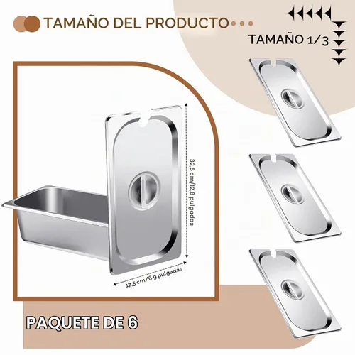 Vista 2 de Bokon Paquete de 6 tapas de sartén de mesa de vapor de 1/3 de acero inoxidable con asa, cubierta de bandeja de comida para catering, ranurada
