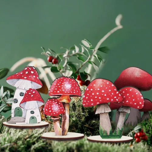 Vista 7 de Thyle 16 piezas de decoraciones de fiesta de hongos de madera Centros de mesa de bosque de hadas Decoraciones de bosque encantado Tapa de mesa